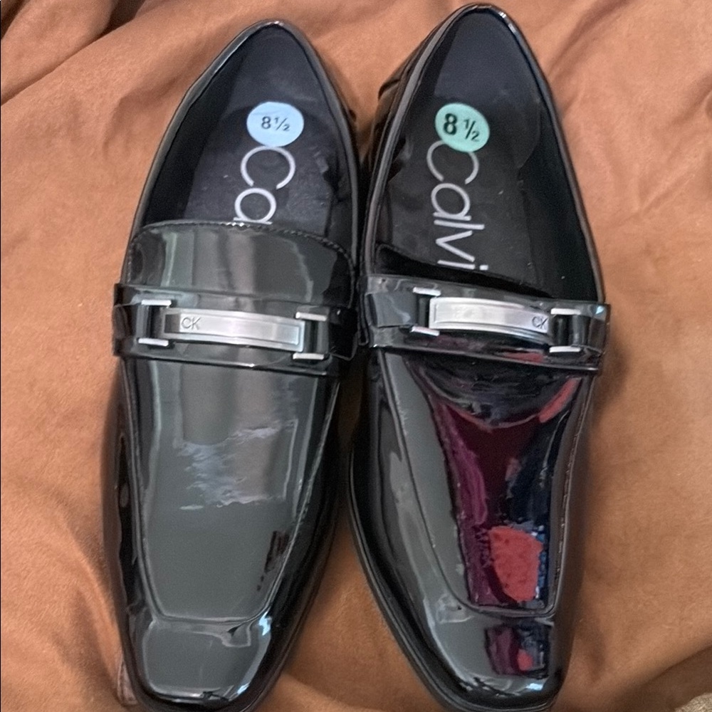 Calvin Klein Black Patent Leather Loafers with Silver Detail